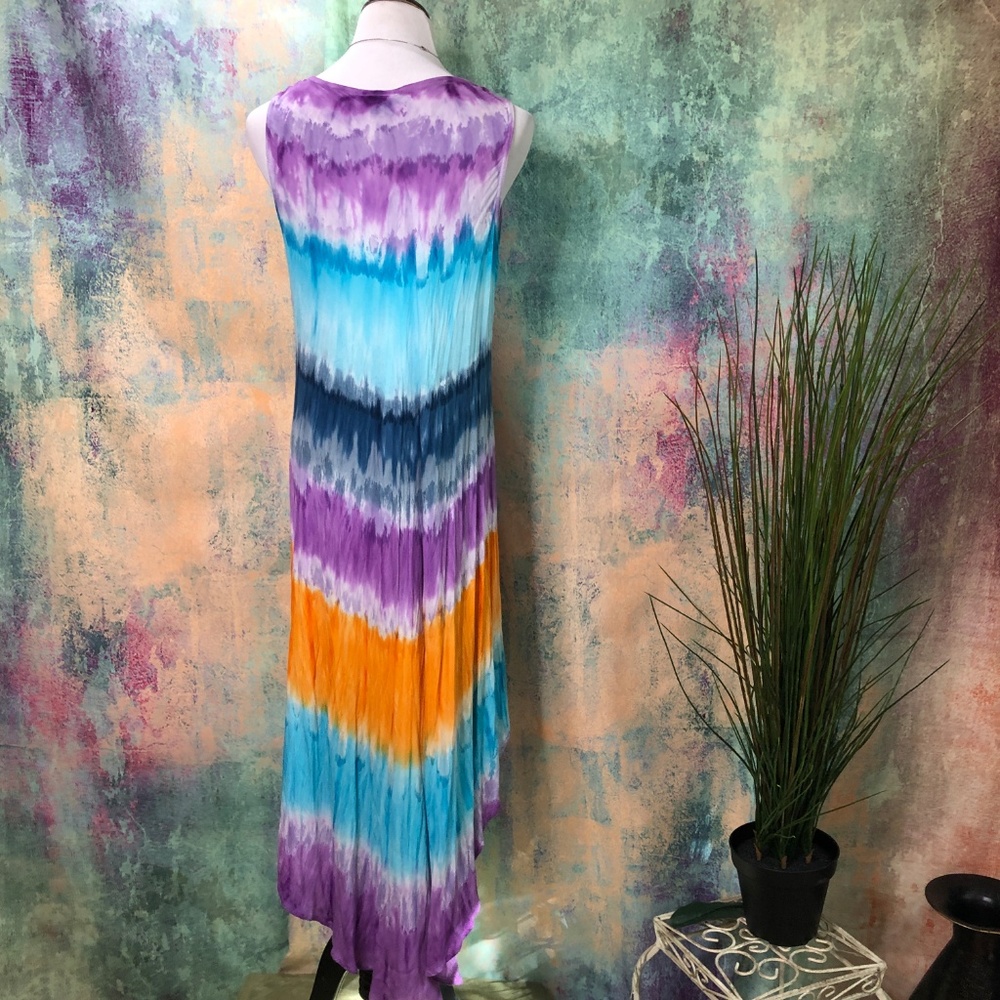📌Shoreline Handkerchief Relaxed Fit One Size Tie Dye Tank Dress - Picture 2 of 16